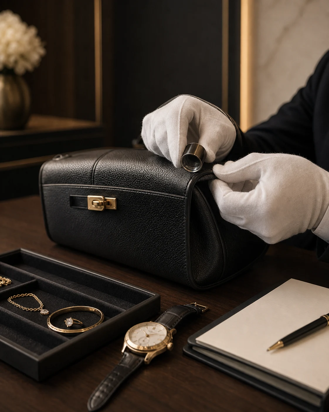 Illustrative close-up of careful leather inspection with a jeweler’s loupe