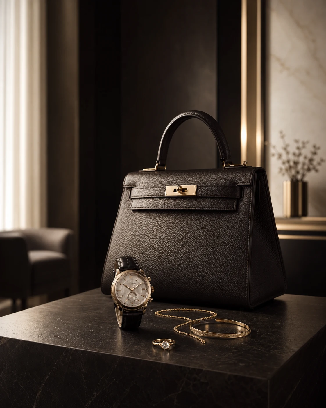 Dark leather handbag with a gold clasp, watch and jewelry on stone