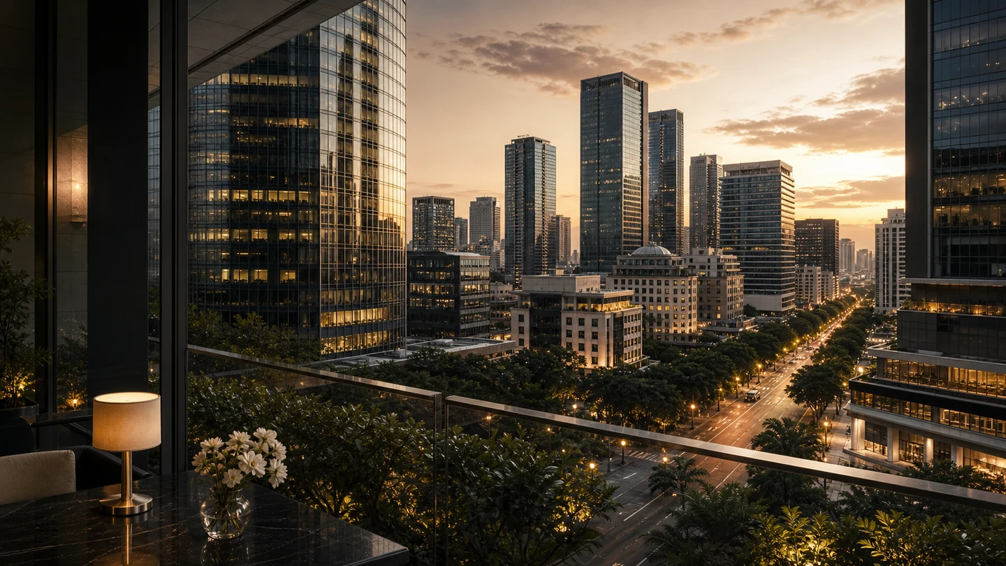 Premium business district cityscape at golden hour