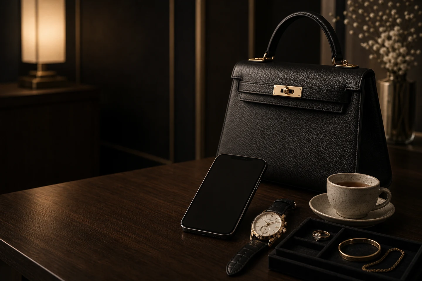 Luxury items and smartphone ready for a private appraisal request
