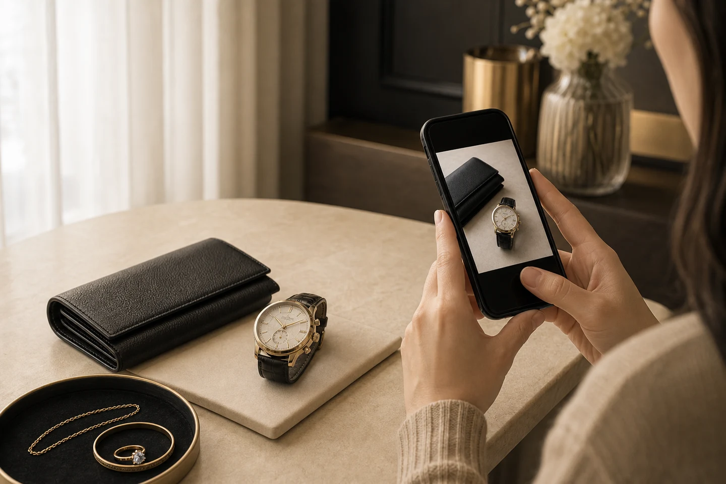 Customer photographing a watch and leather wallet before requesting appraisal