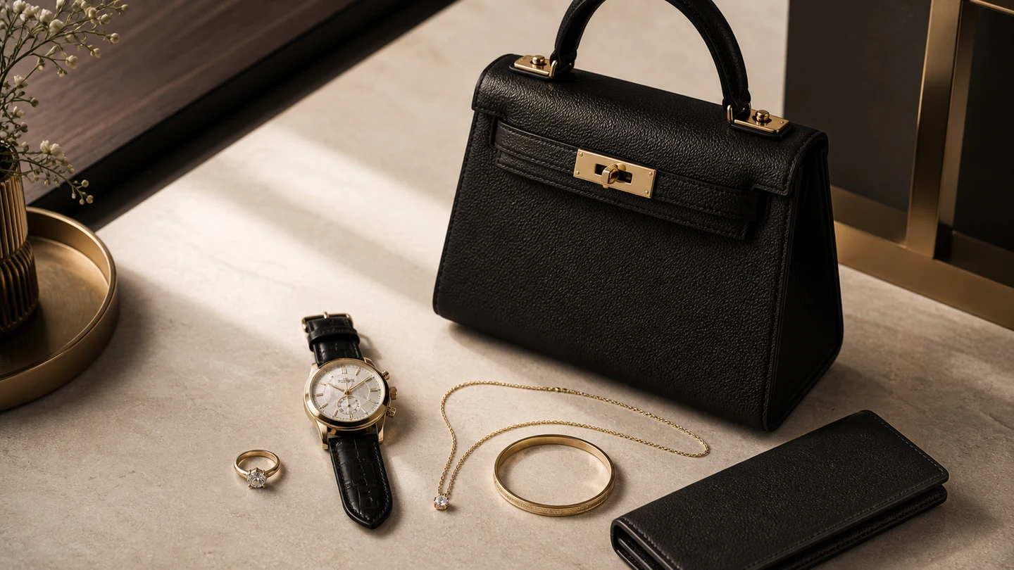 Curated collection of luxury bags, watches, jewelry, and leather goods