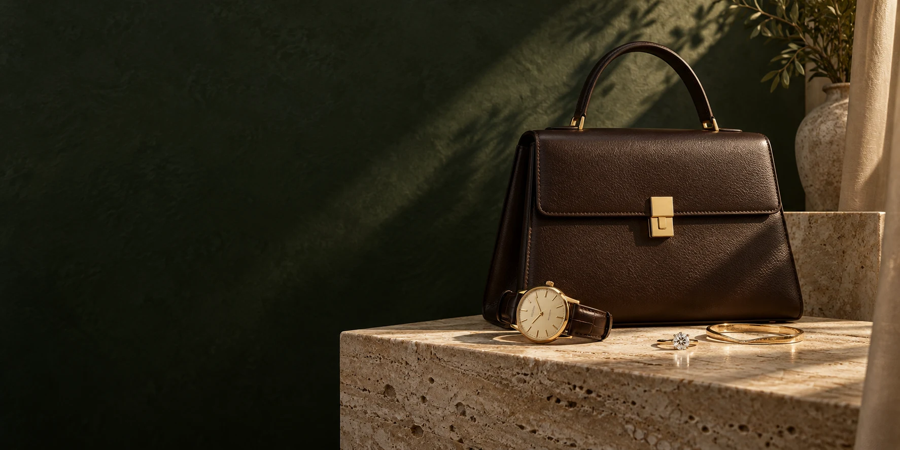 Sculptural arrangement of a leather handbag, fine watch and jewelry on warm stone